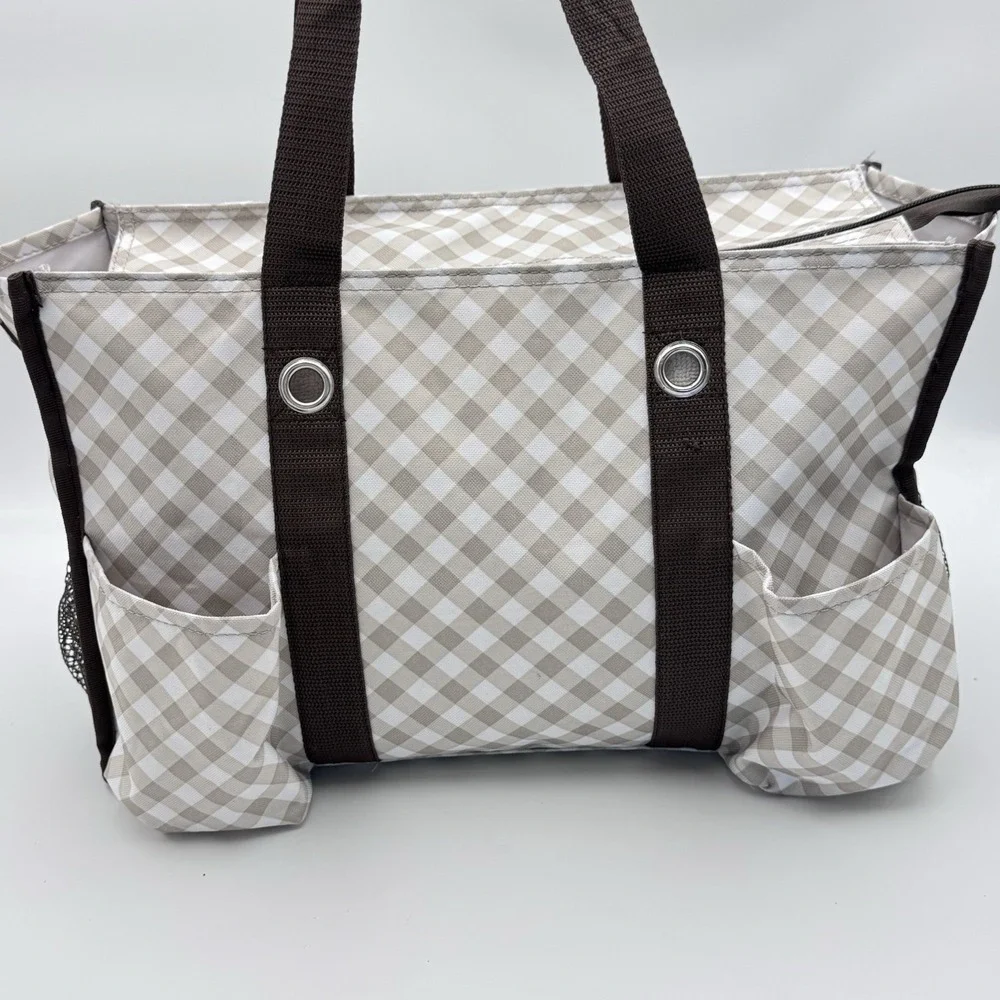 Thirty One 31 Zip Top Organizing Tote 7 Pocket Medium Taupe Brown Gingham Bag